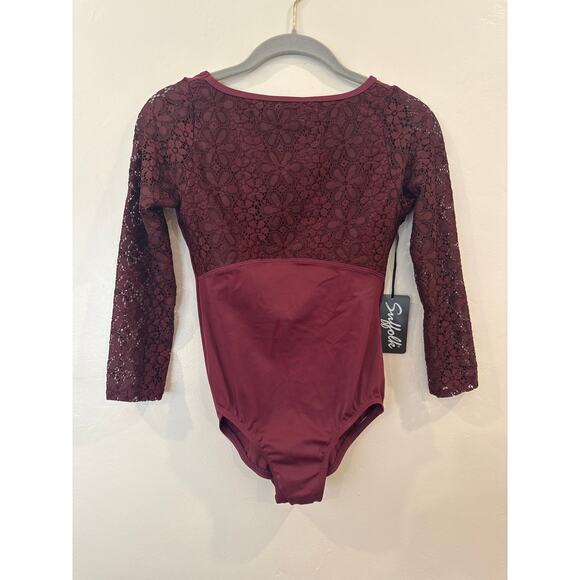 NWT Suffolk Embroidered Mesh 3/4 Sleeve Leotard Merlot M - Picture 1 of 8